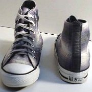 Plaid High Top and Low Cut Chucks  Grey and white woolen plaid high tops, front and rear views.