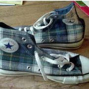 Plaid High Top and Low Cut Chucks  Blue, yellow, and white wollen plaid high tops, side views.