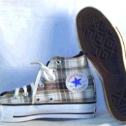 Plaid High Top and Low Cut Chucks  Brown, grey, and white woolen plaid high tops, inside patch and sole views.