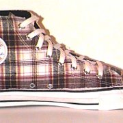 Plaid High Top and Low Cut Chucks  Black, maroon, and white woolen plaid high tops, left inside patch view.