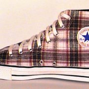 Plaid High Top and Low Cut Chucks  Black, maroon, and white woolen plaid high tops, right inside patch view.