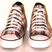 Plaid High Top and Low Cut Chucks  Black, maroon, and white woolen plaid high tops, front view.