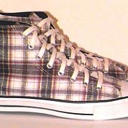 Plaid High Top and Low Cut Chucks  Black, maroon, and white woolen plaid high tops, side view.