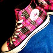 Plaid High Top and Low Cut Chucks  Inside patch views of red and black palid high top chucks.