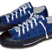Plaid High Top and Low Cut Chucks  Royal blue and black plaid low cuts, side view.