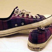 Plaid High Top and Low Cut Chucks  Purple and red plaid low cuts, side and rear views.