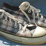 Plaid High Top and Low Cut Chucks  Grey, maroon, and white low cuts, side views.