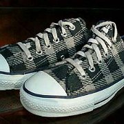 Plaid High Top and Low Cut Chucks  Black and grey plaid low cuts, angled side view.