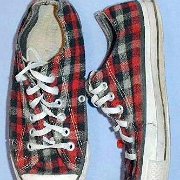 Plaid High Top and Low Cut Chucks  Red, black, and grey low cuts, top and side views.