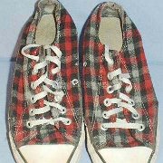 Plaid High Top and Low Cut Chucks  Worn black, red, and grey low cuts, top view.