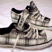 Plaid High Top and Low Cut Chucks  Grey and white plaid woolen low cuts, side view.