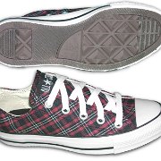 Plaid High Top and Low Cut Chucks  Side and sole views red and green plaid low cut chucks.