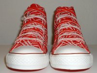 Product Red High Top Chucks  Front view of Product Red high tops with red and white reversible shoelaces.