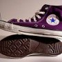 Purple HIgh Top Chucks  In side patch and sole views of purple high tops.