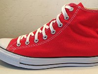 2017 Core Red High Top Chucks  Outside view of a left 2017 red  high top.