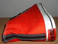 Red and Black 2-Tone Chucks  Right red and black 2-tone high top, rear patch and outside view.