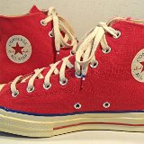 Red Chuck 70 Vintage Canvas High Tops  Inside patch views of red Chuck 70 vintage canvas high tops.