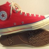 Red Chuck 70 Vintage Canvas High Tops  Inside patch and sole views of red Chuck 70 vintage canvas high tops.