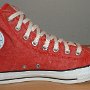 Red High Top Chucks  Distressed red left high top, inside patch view.