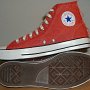 Red High Top Chucks  Distressed red high tops, outer sole and inside patch views.