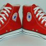 Red High Top Chucks  Angled front view of made in USA red high tops.