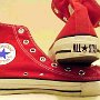 Red High Top Chucks  Lightly worn red high tops without laces, inside patch and rear views.