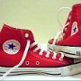 Red High Top Chucks  Red high tops, made in USA, inside patch and angled rear views.