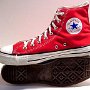 Red High Top Chucks  Red high tops made in USA, inside patch and sole views.