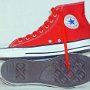 Red High Top Chucks  Made in USA red high tops with red laces, inside patch and sole views.
