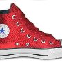 Red High Top Chucks  Red satin left high top with red laces and navy blue interior, inside patch view.