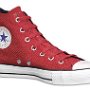 Red High Top Chucks  Red satin left high top with red laces and navy blue interior, angled inside patch view.