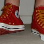Red High Top Chucks  Wearing red and gold foldover high top chucks.