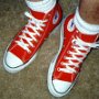 Red High Top Chucks  Wearing new red high tops, angled top view.