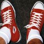 Red High Top Chucks  Wearing new red high tops, angled top view.