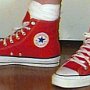 Red High Top Chucks  Wearing new red high tops, inside patch and angled top view.
