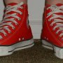 Red High Top Chucks  Wearing made in USA red high tops, front view shot 1.