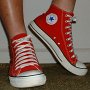 Red High Top Chucks  Wearing red high top chucks, front and inside patch views.
