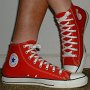 Red High Top Chucks  Wearing red high top chucks, inside patch and angled top views.