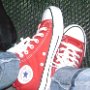 Red High Top Chucks  Wearing red high top chucks, inside patch and top views.