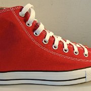 Red Days Ahead High Top Chucks  Outside view of the right red days ahead high top.