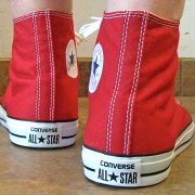 Red Days Ahead High Top Chucks  Wearing red days ahead high tops, rear view 1.