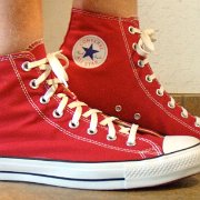 Red Days Ahead High Top Chucks  Wearing red days ahead high tops, right side view 1.