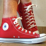 Red Days Ahead High Top Chucks  Wearing red days aheadhigh tops, right side view 2.