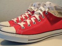 Red Foldover Double Upper High Top Chucks  Angled front view of rolled down red foldover double upper high top chucks.