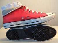 Red Foldover Double Upper High Top Chucks  Inside patch and sole views of rolled down red foldover double upper high top chucks.