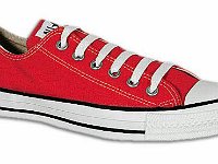 Red Low Cut Chucks  Right red oxford with straight lacing, angled side view.