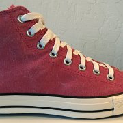 2011 Red Stonewashed Canvas High Top Chucks  Outside view of a right 2011 red stonewashed canvas high top.