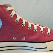 2011 Red Stonewashed Canvas High Top Chucks  Inside patch view of a left 2011 red stonewashed canvas high top.