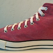 2011 Red Stonewashed Canvas High Top Chuckss  Outside view of a left 2011 red stonewashed canvas high top.