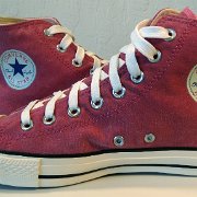 2011 Red Stonewashed Canvas High Top Chucks  Inside patch views of 2011 red stonewashed canvas high tops.